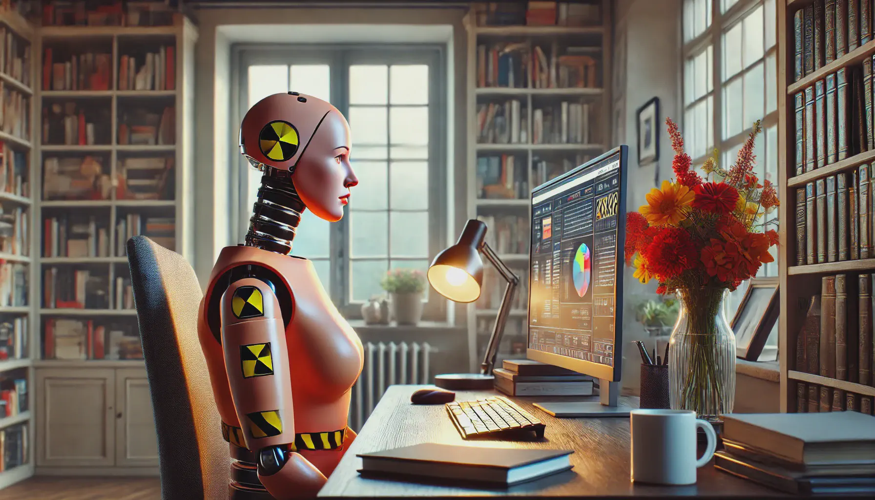 A crash test dummy sitting at a computer in a cosy study.