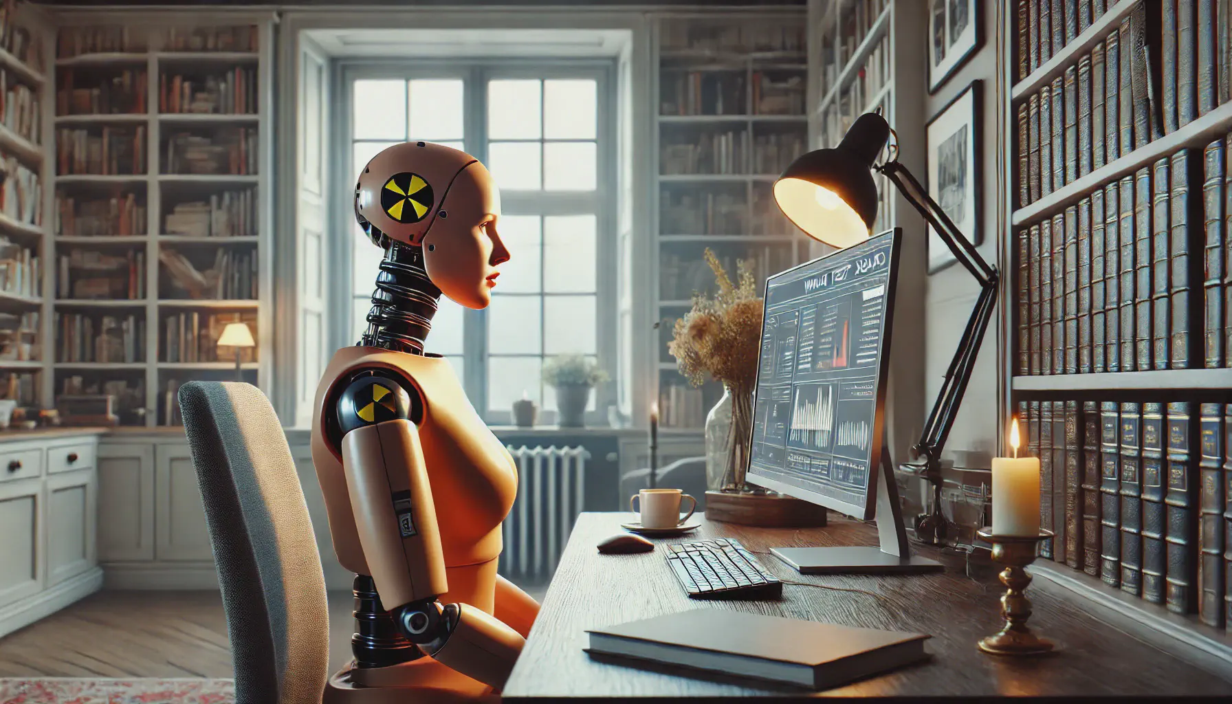 A crash test dummy sitting at a computer in a cosy study.