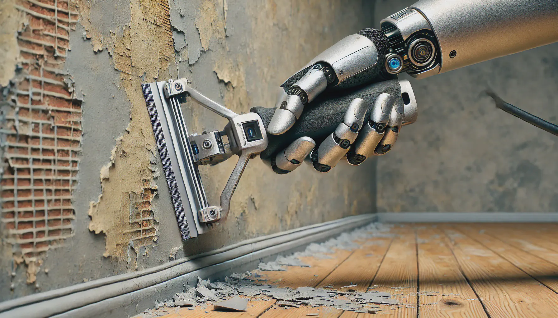 A robot hand using a paint scraper to remove paint from a wall.