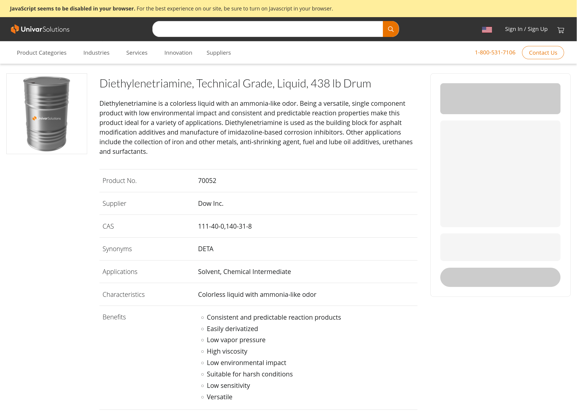 UnivarSolutions product page for Diethylenetriamine with JavaScript disabled.