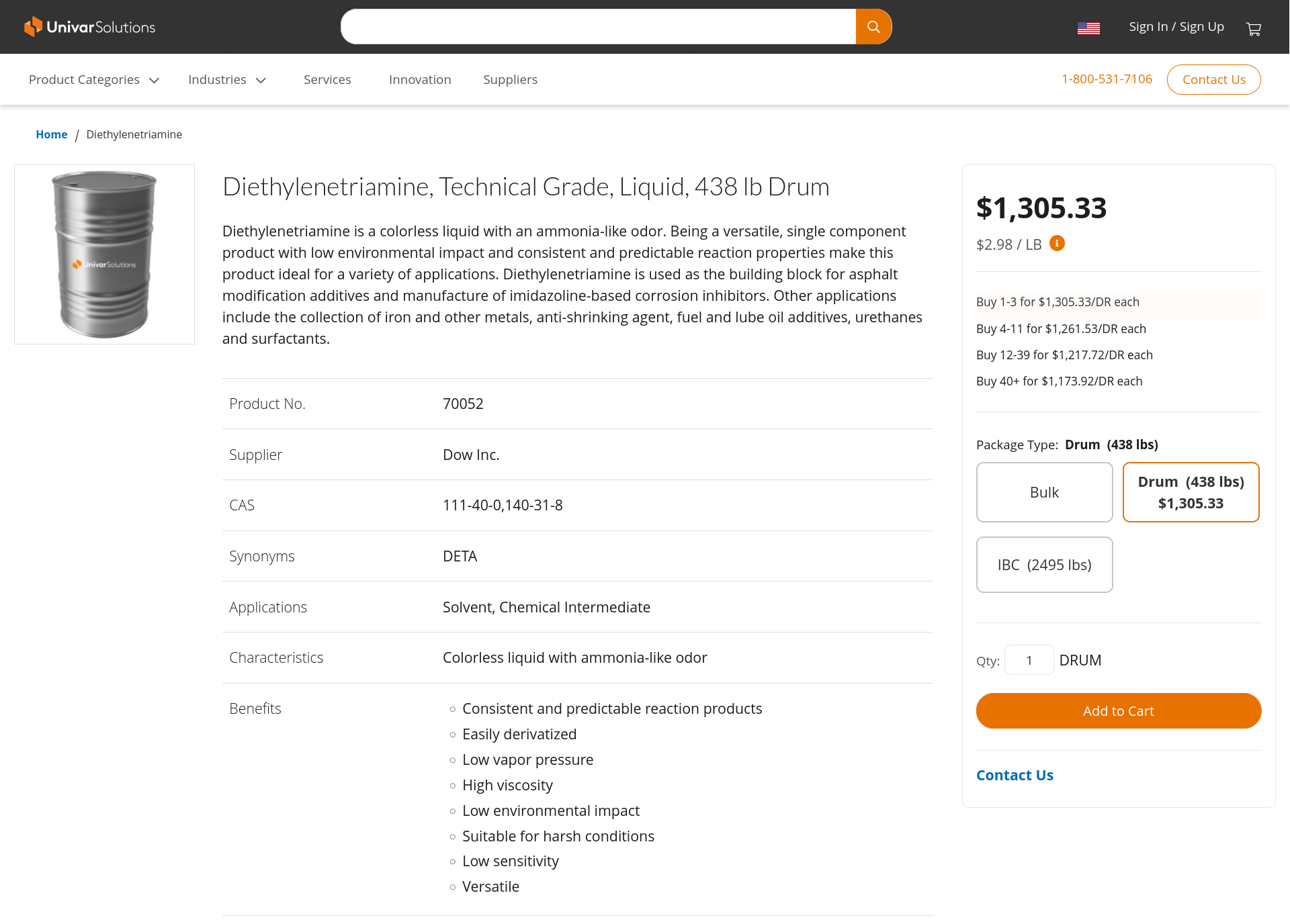 UnivarSolutions product page for Diethylenetriamine.