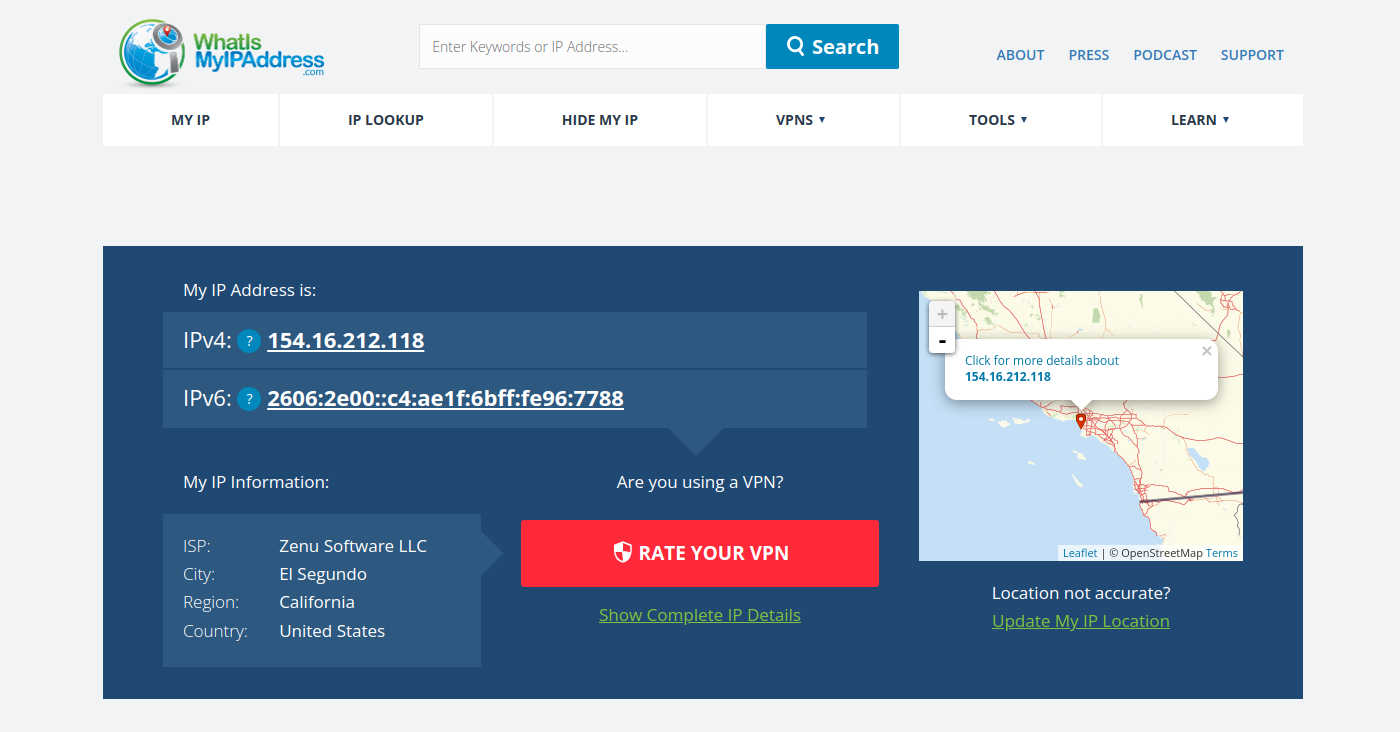 WhatIsMyIPAddress site showing IP address and location for proxy.