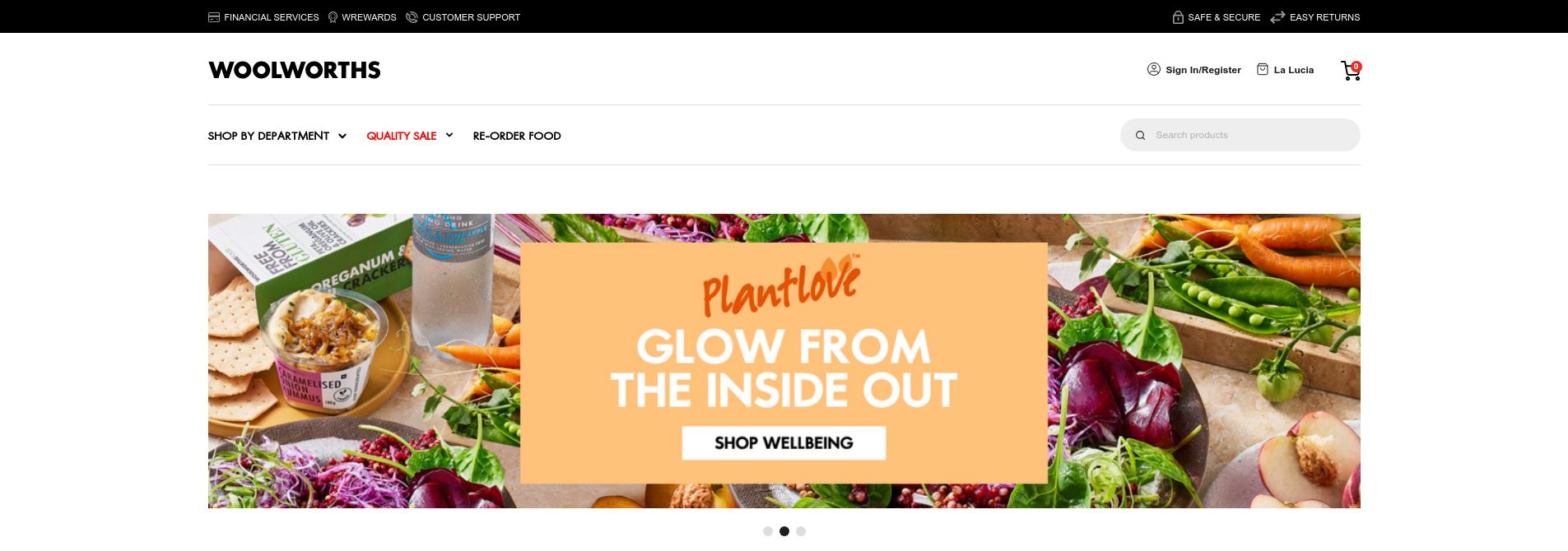 Woolworths landing page with delivery address selected.