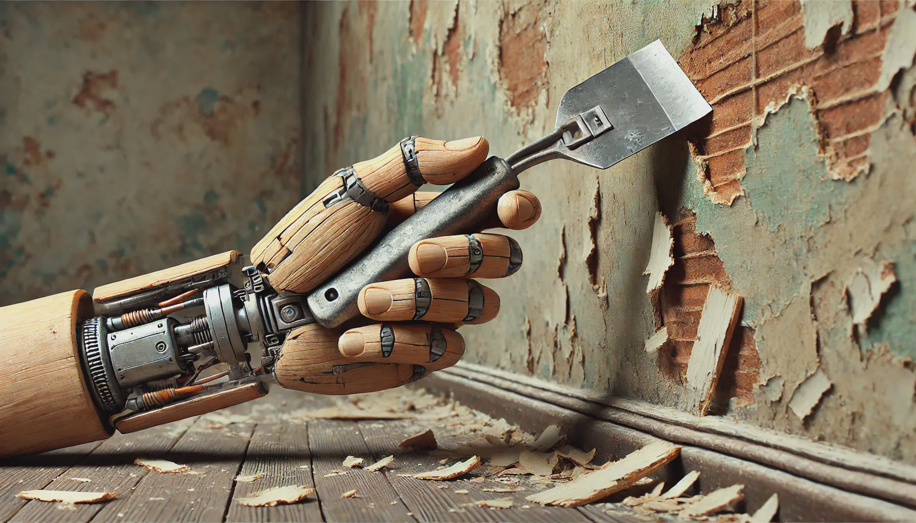 A robot hand using a paint scraper to remove paint from a wall.