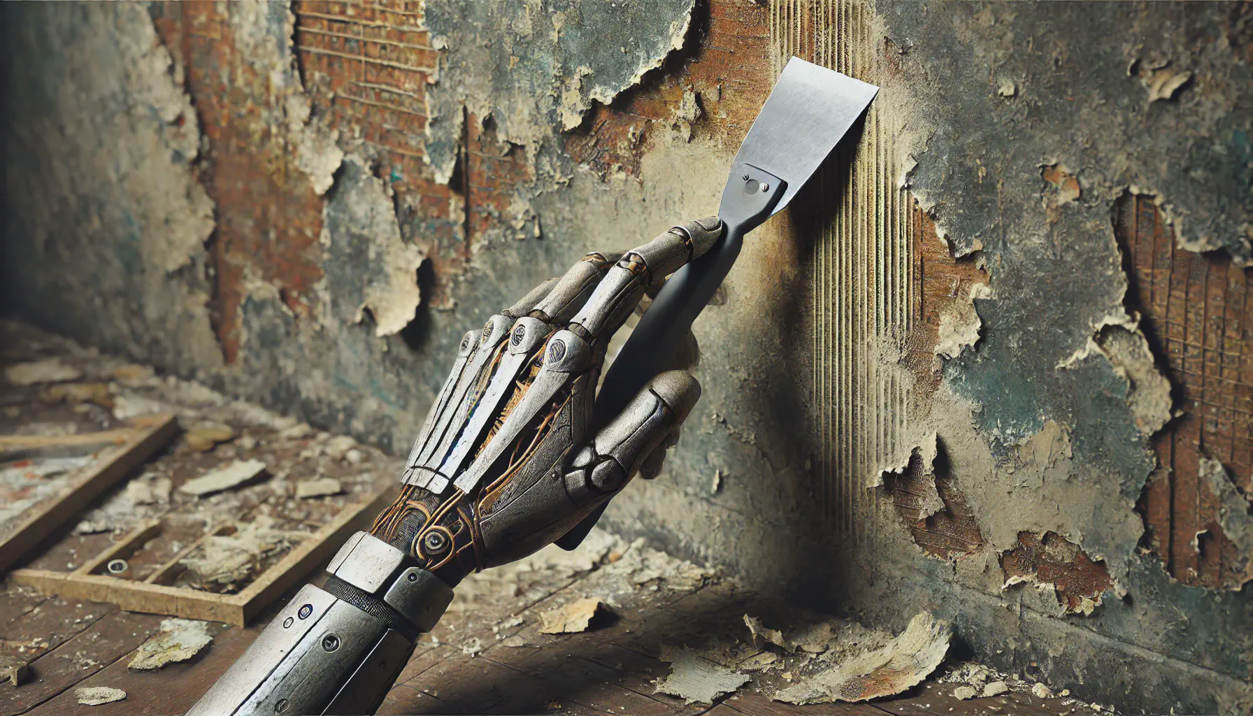 A robot hand using a paint scraper to remove paint from a wall.