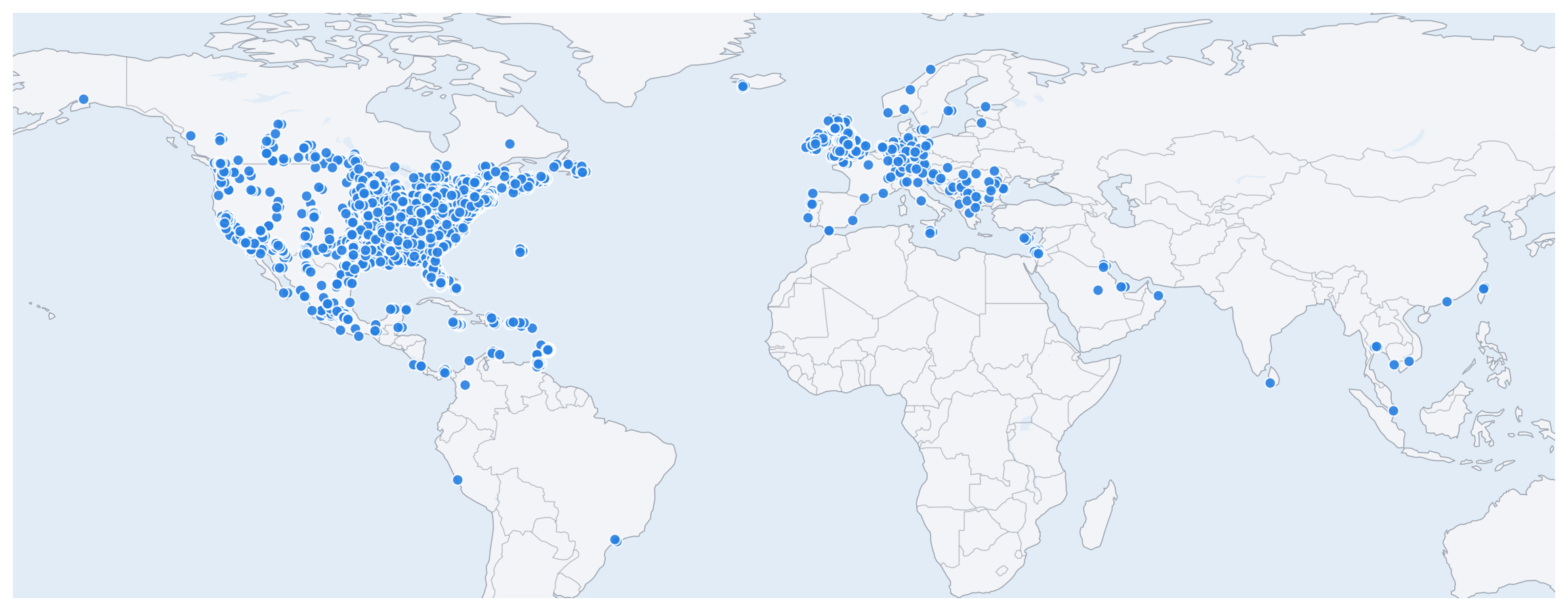 World map showing sampled Massive proxy exit locations as points across North America, Europe, Africa, Asia and Oceania.