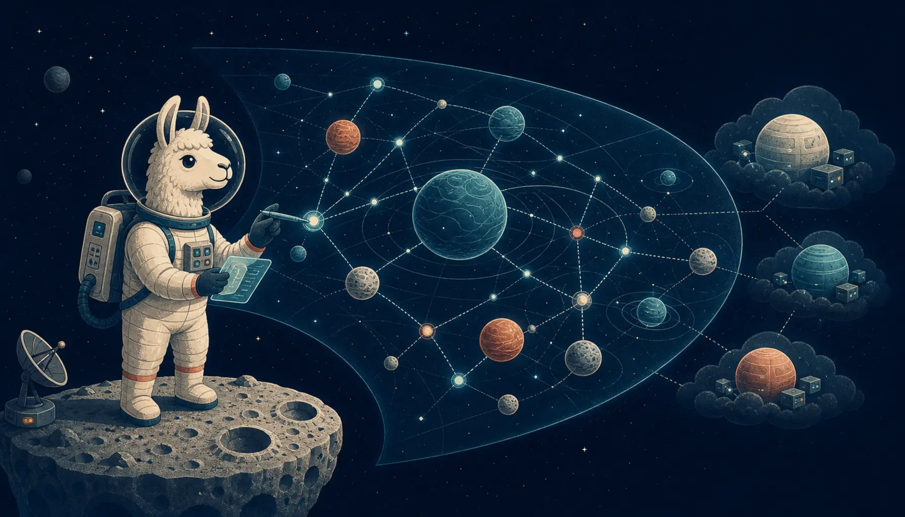 Llama astronaut mapping the Ollama model universe.
