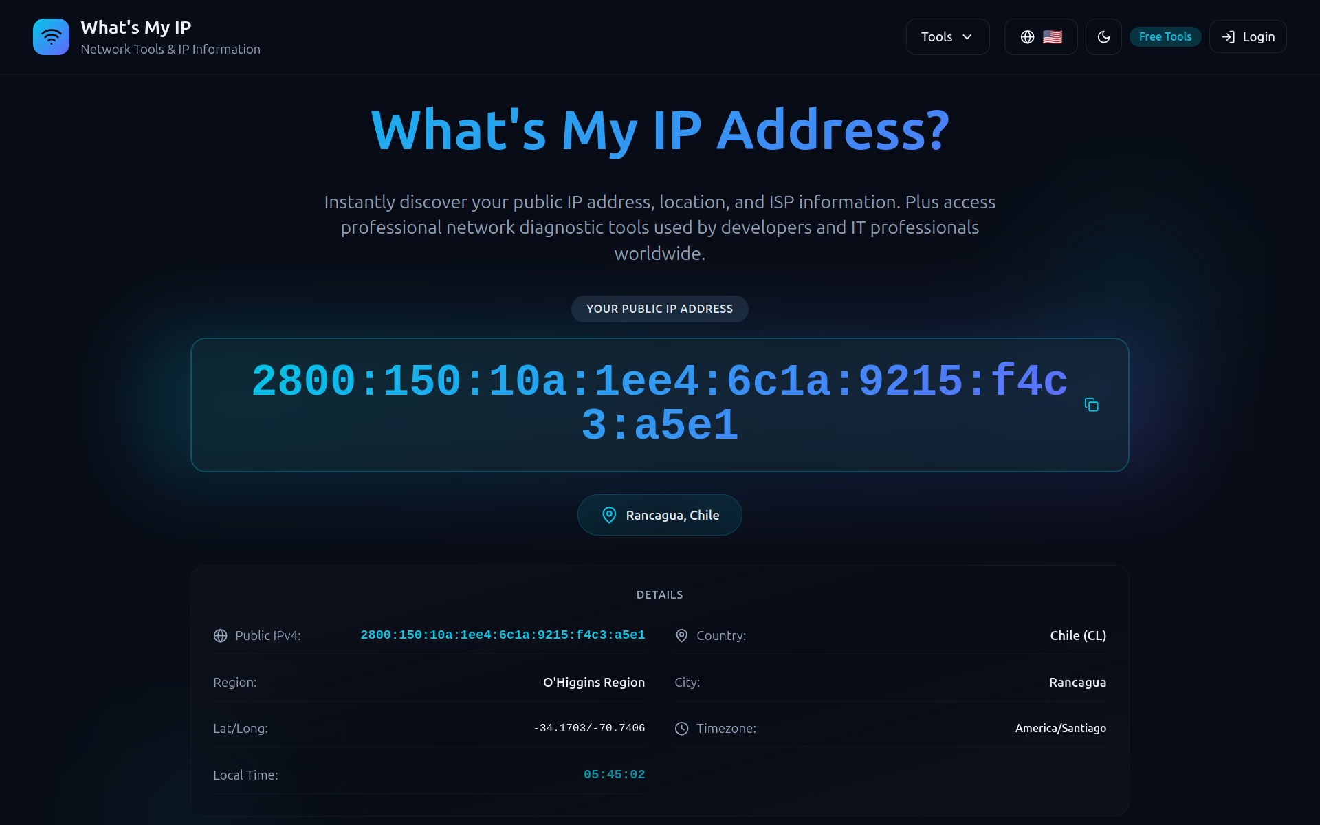What’s My IP page showing a proxy exit IP address located in Rancagua, Chile.