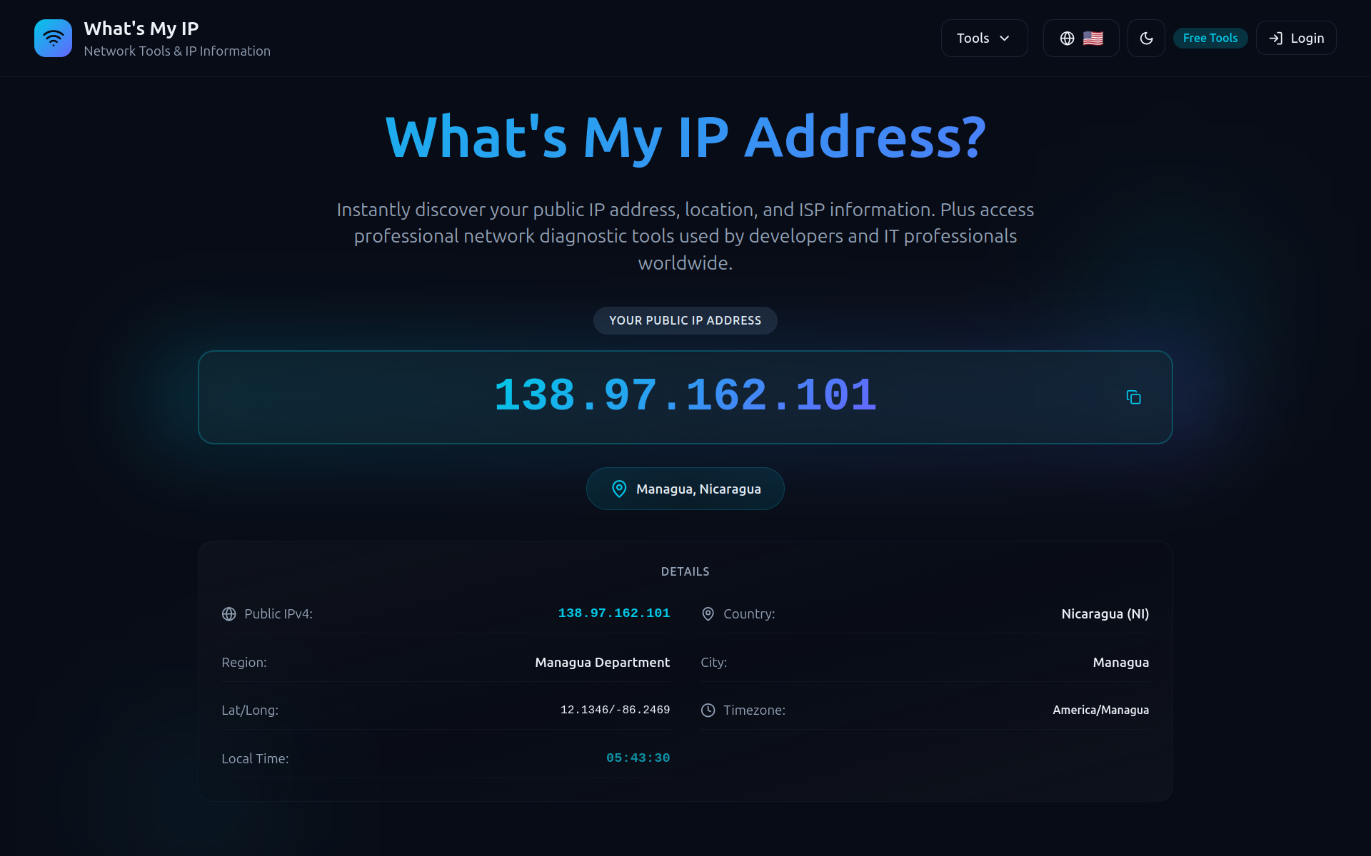 What’s My IP page showing a proxy exit IP address located in Managua, Nicaragua.