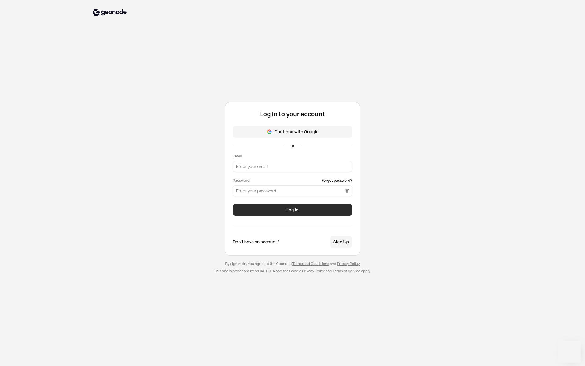 Geonode login page with email and password fields.