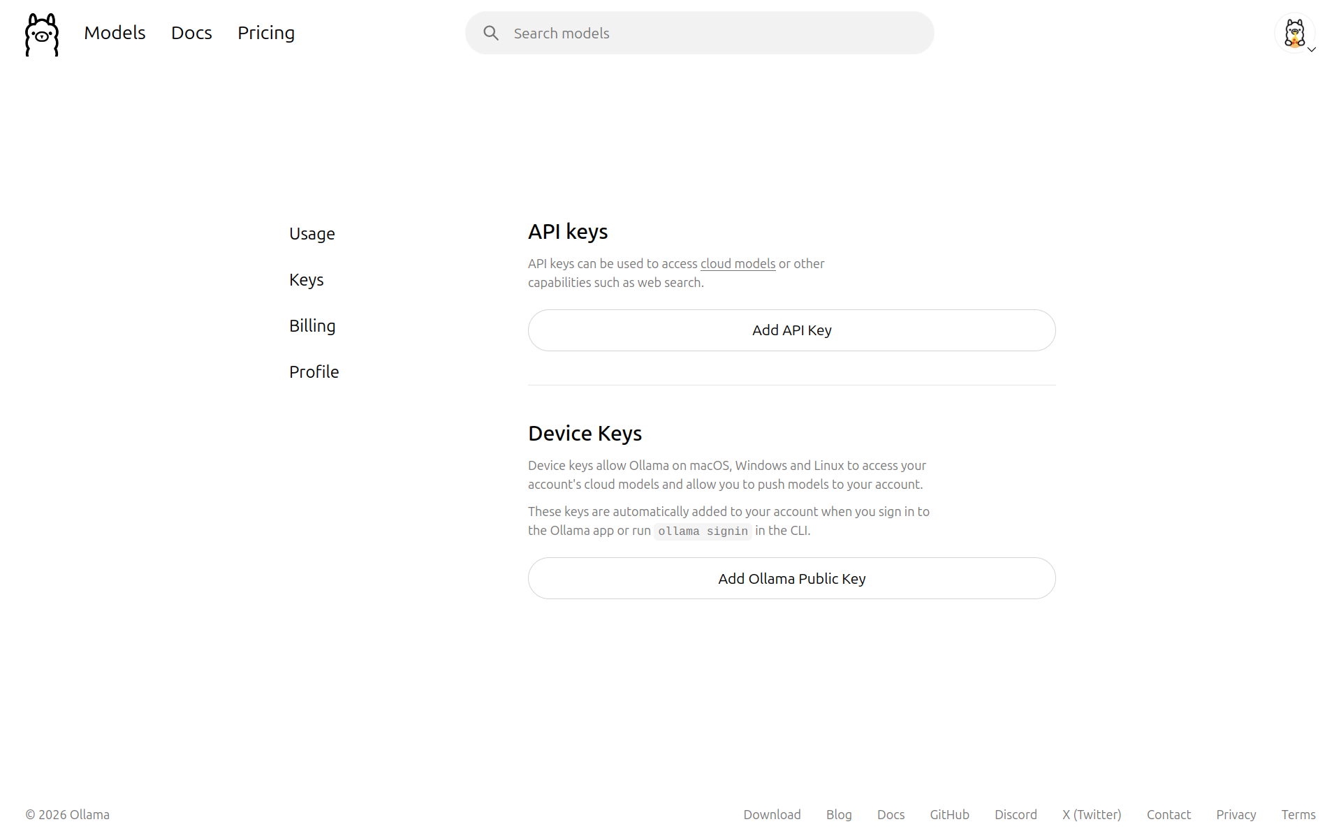 Adding API keys for Ollama Cloud.