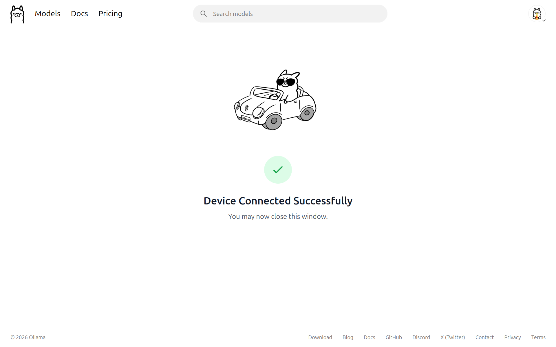 Ollama web page showing “Device Connected Successfully” message.