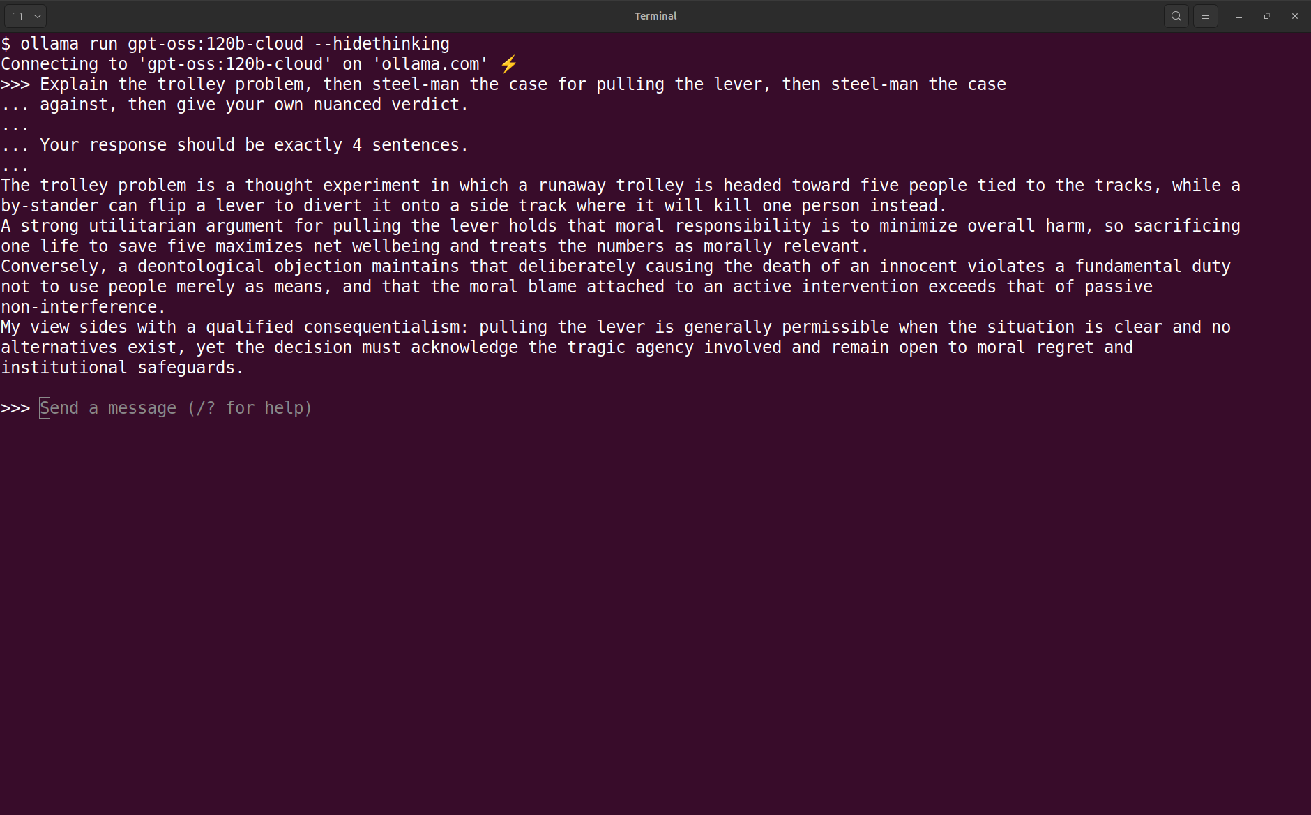Terminal showing ollama run gpt-oss:120b-cloud command and output from Trolley Problem prompt.