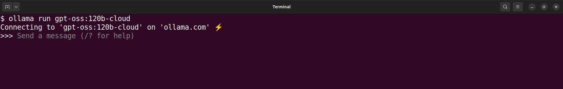 Terminal showing ollama run gpt-oss:120b-cloud command and its output.