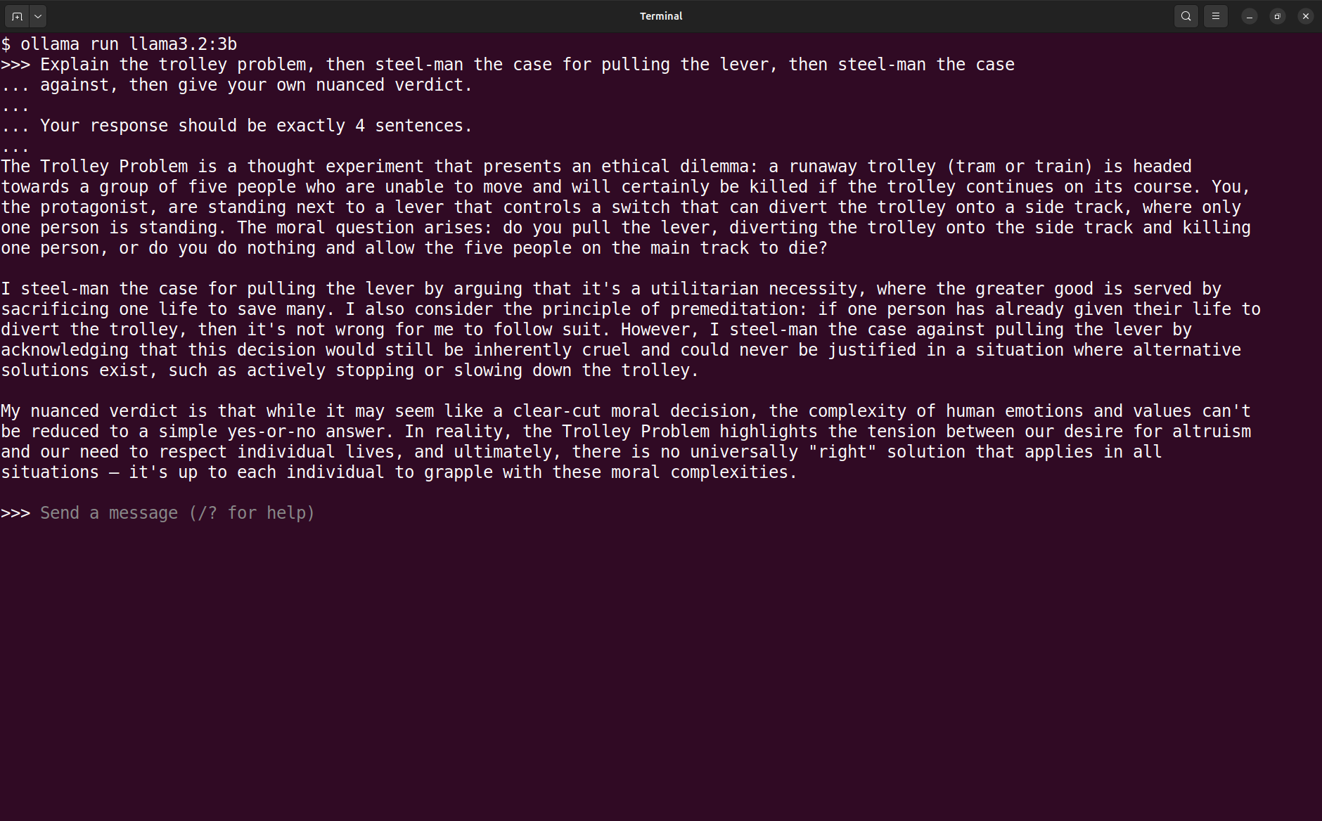 Terminal showing ollama run llama3.2:3b command and output from Trolley Problem prompt.