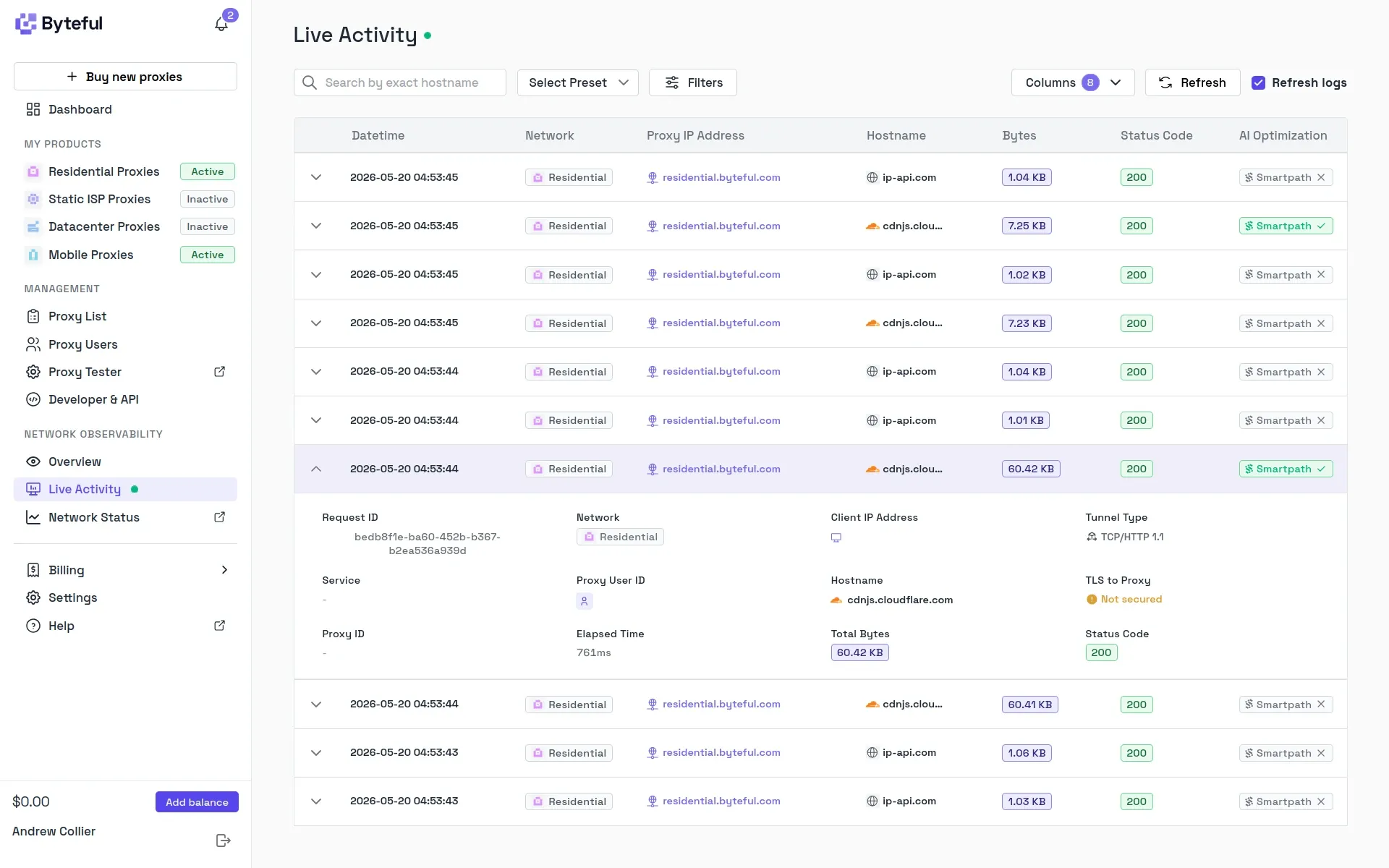 Live activity feed in the Byteful dashboard.