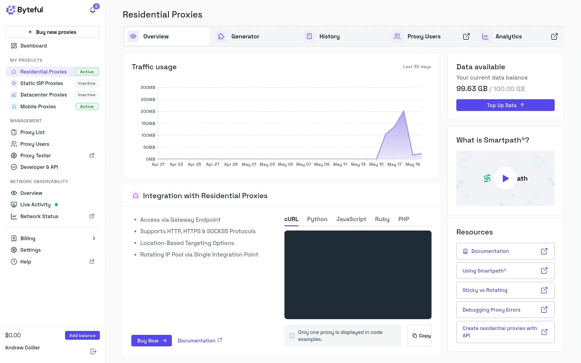 The Byteful residential proxies dashboard.