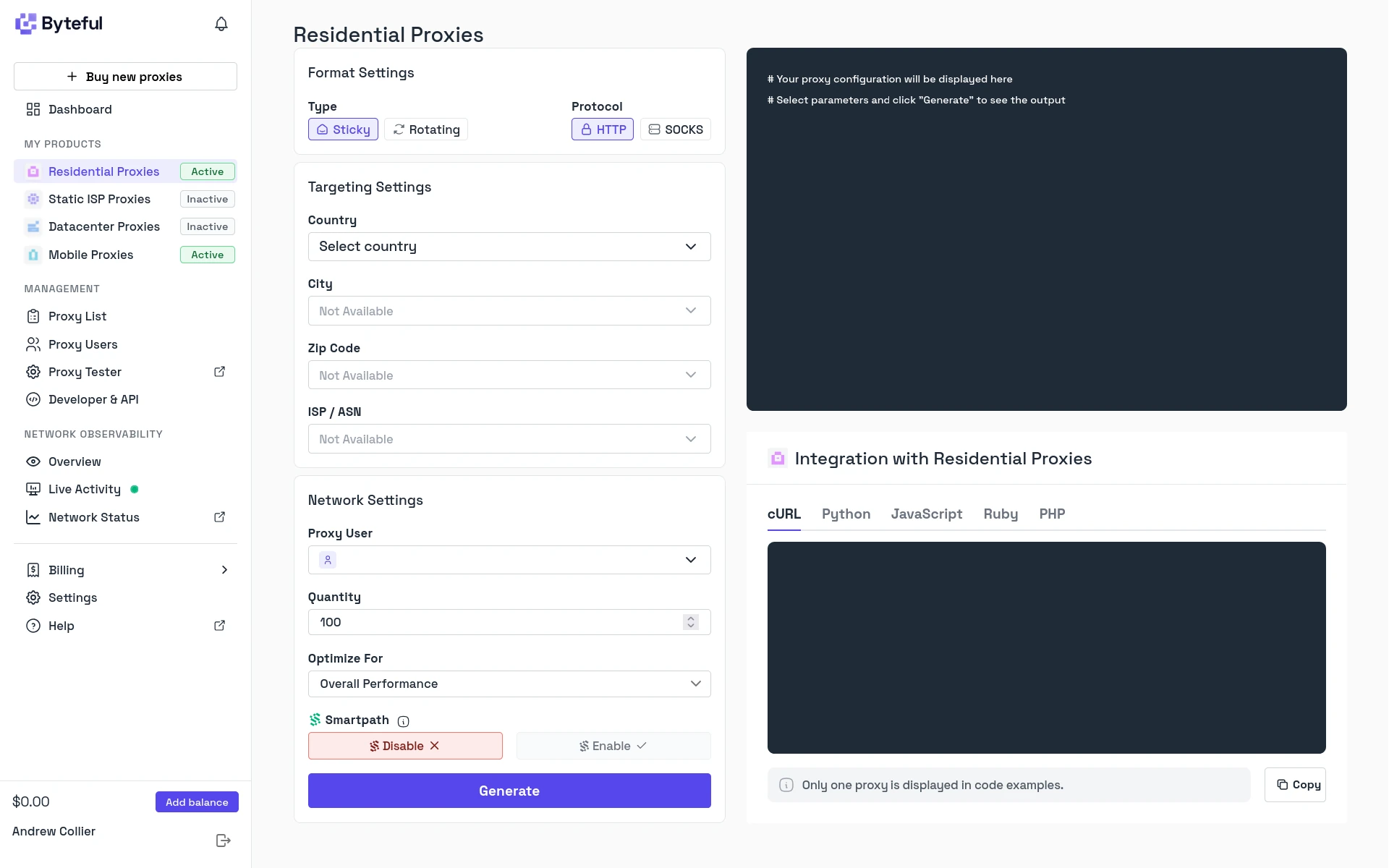 The Byteful proxy generator for residential proxies.
