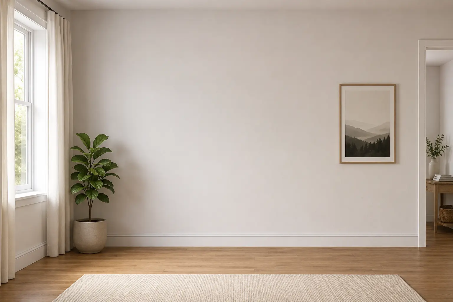 A room with a potted plant, a picture on the wall and a rug on the floor. The wall is empty where a bookcase could be.
