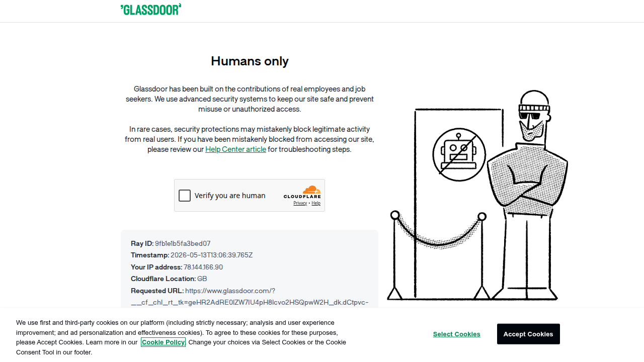 A Cloudflare CAPTCHA challenge blocking Playwright access to Glassdoor.