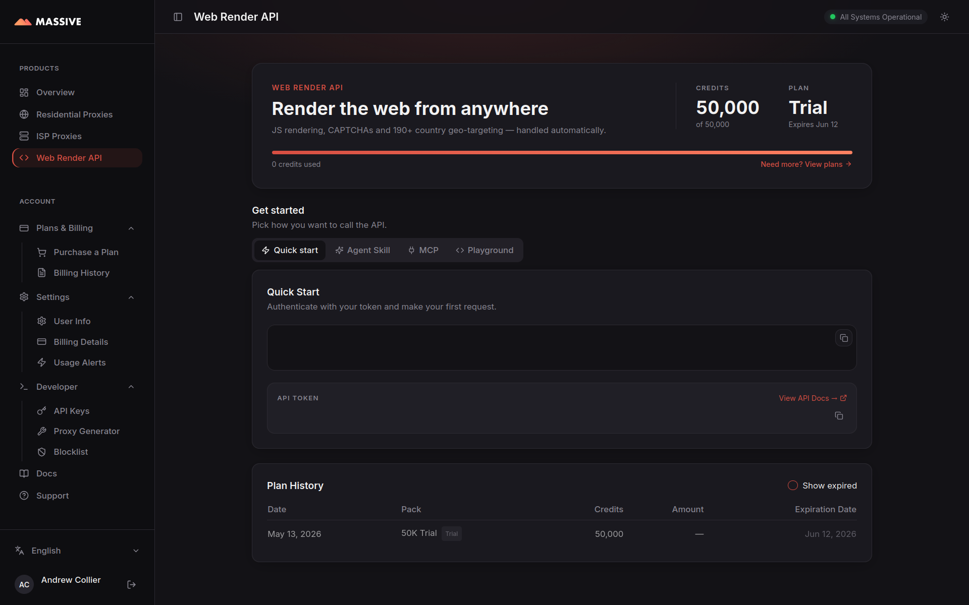 Dashboard for the Massive Web Render API.