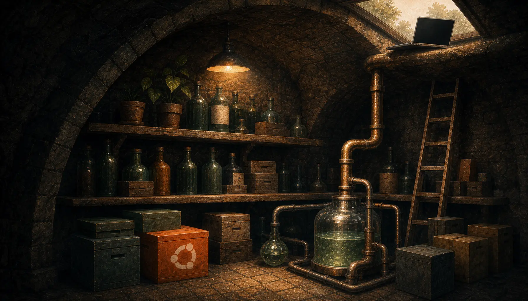 Moody cellar workshop with Ubuntu crate, laptop and copper brewing apparatus for Homebrew on Linux.