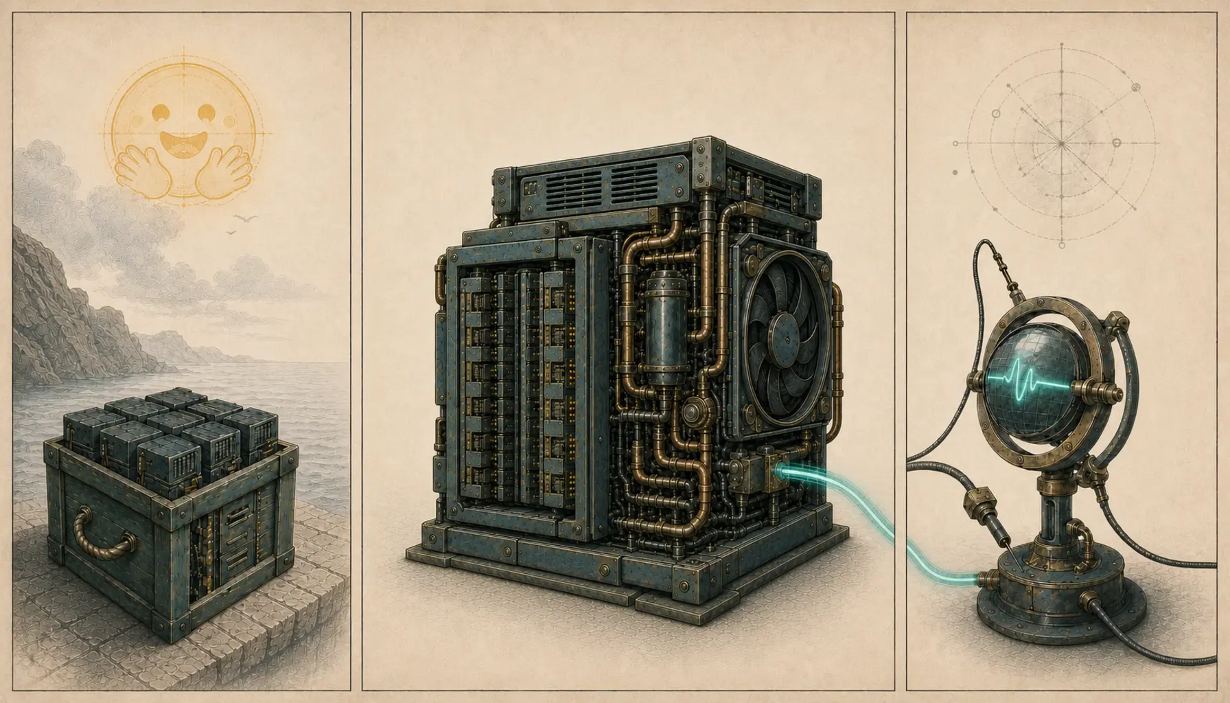 A vintage triptych showing model crates by the sea with a Hugging Face Sun in the sky, a brass-and-teal server machine and a probe instrument receiving a glowing signal.