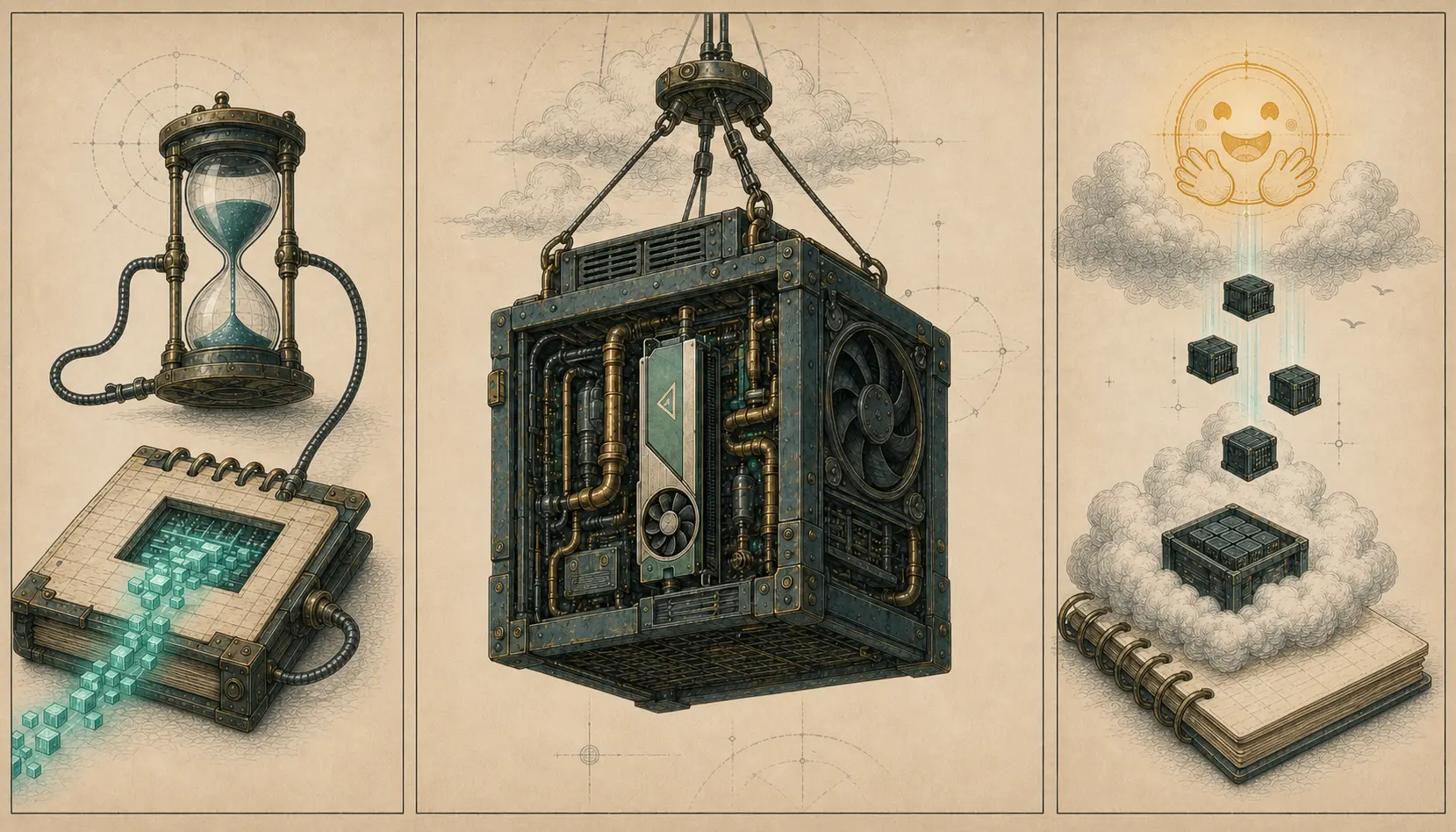 A vintage triptych showing various pieces of fanciful equipment with a Hugging Face Sun in the sky.