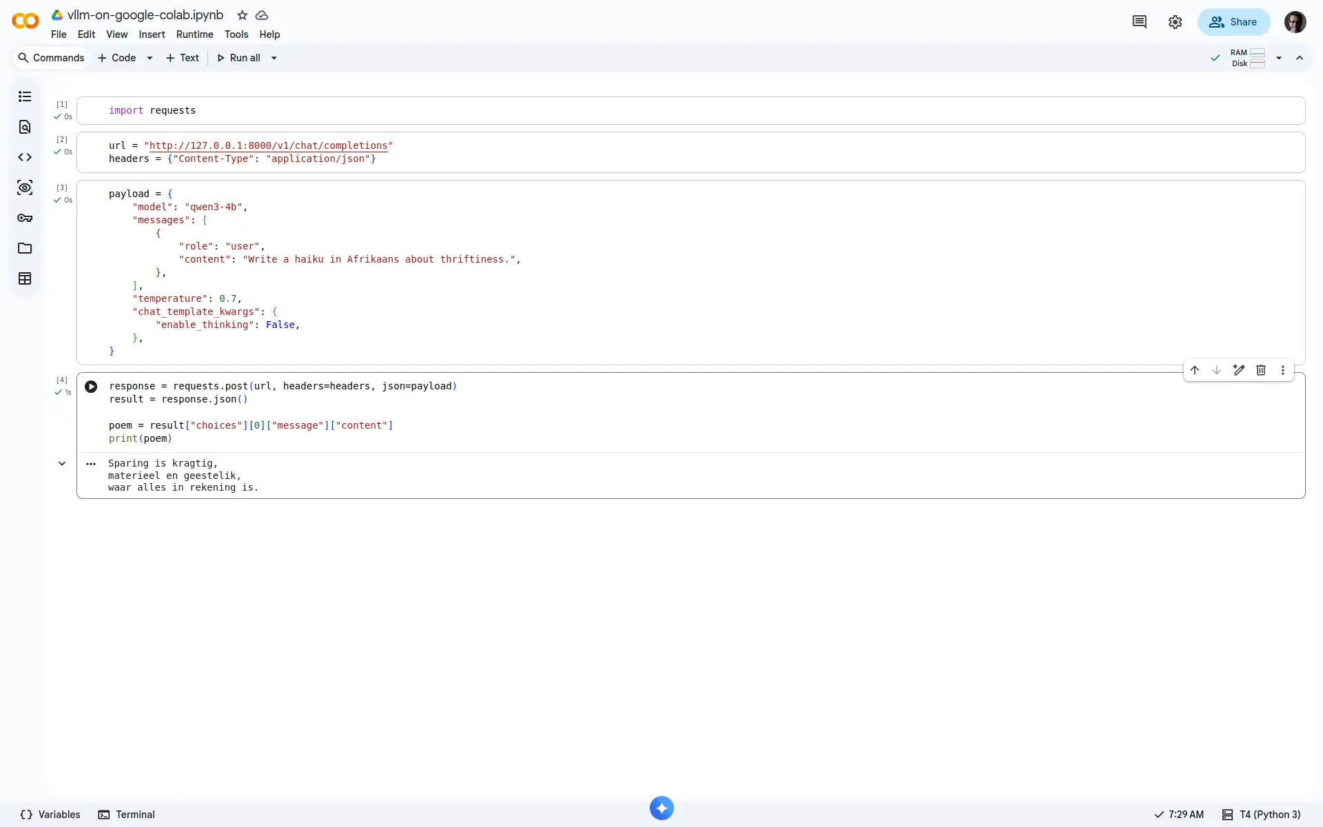 Using an LLM to generate a haiku in Afrikaans in Google Colab.