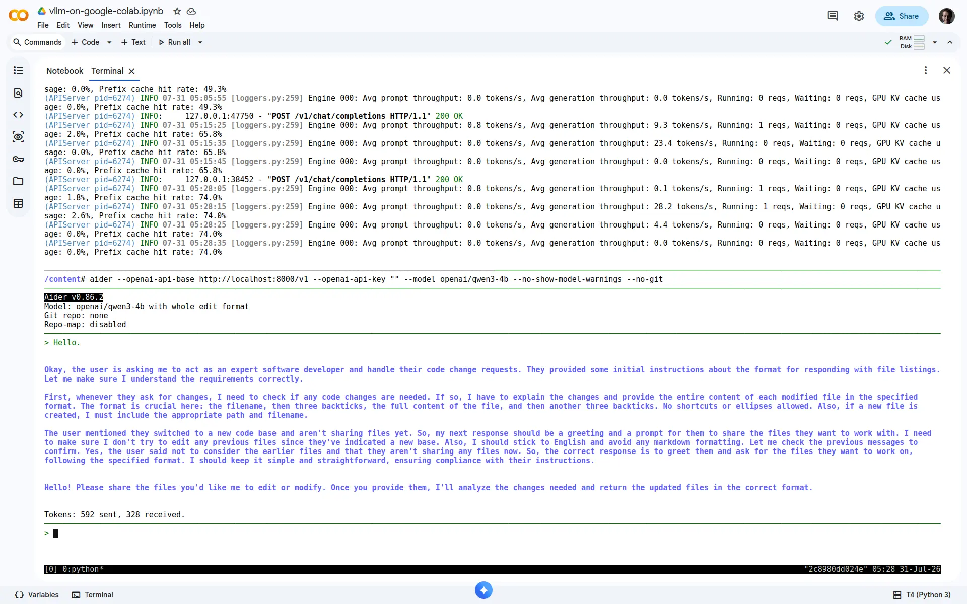 Running the Aider agent in Google Colab.
