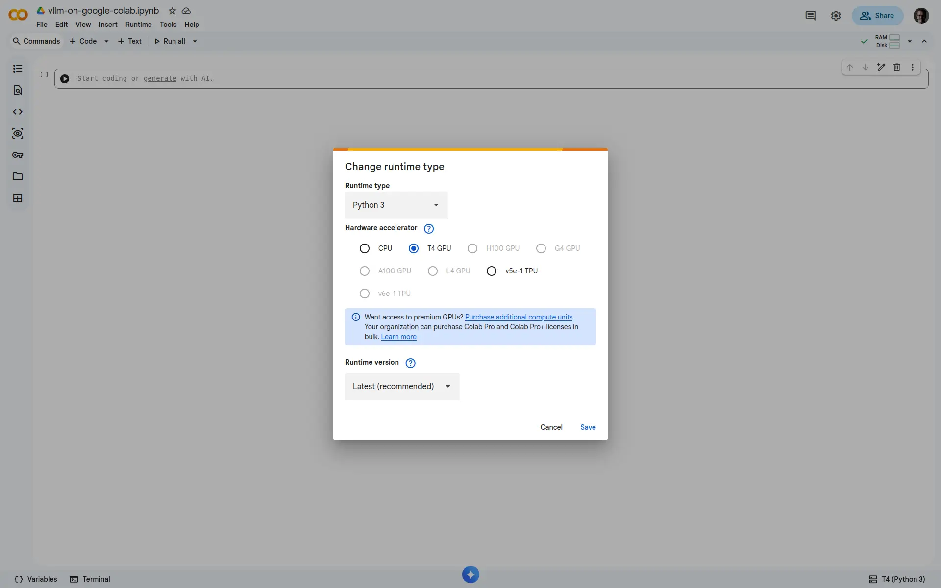 Choose Python 3 runtime and T4 GPU hardware in Google Colab.