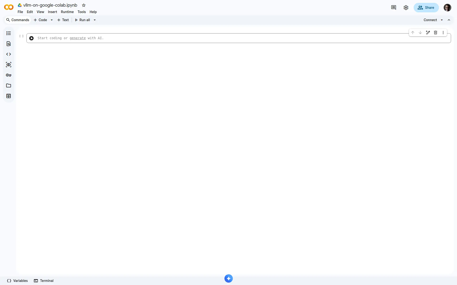 A fresh notebook on Google Colab.