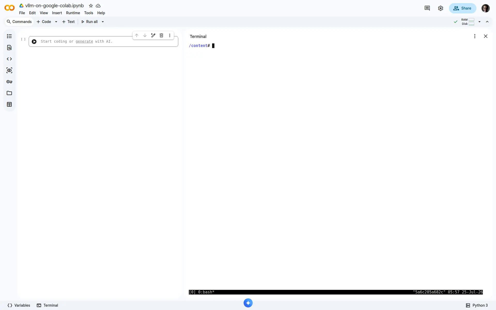 Launch a terminal in Google Colab.