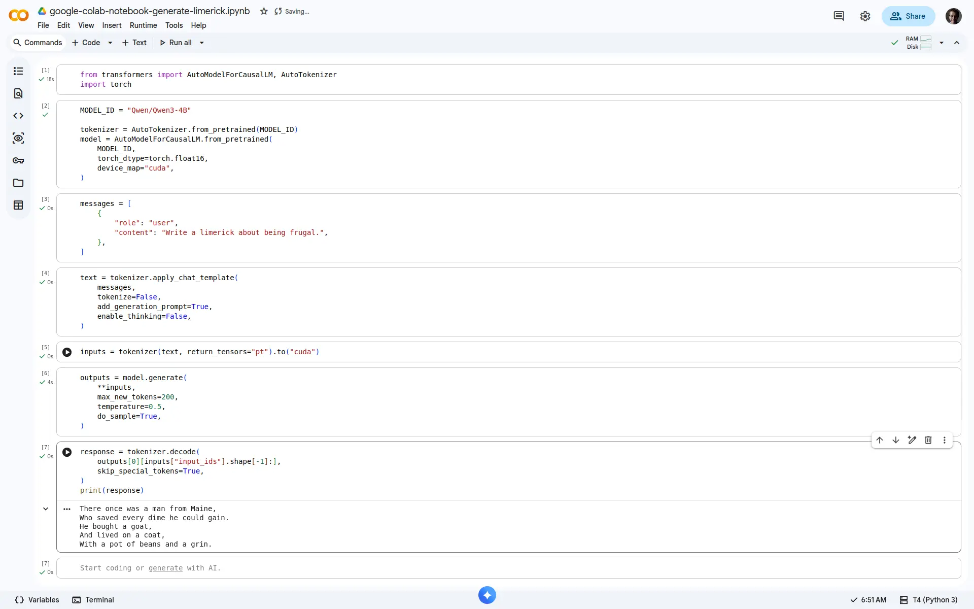 Generate a limerick from a notebook in Google Colab.