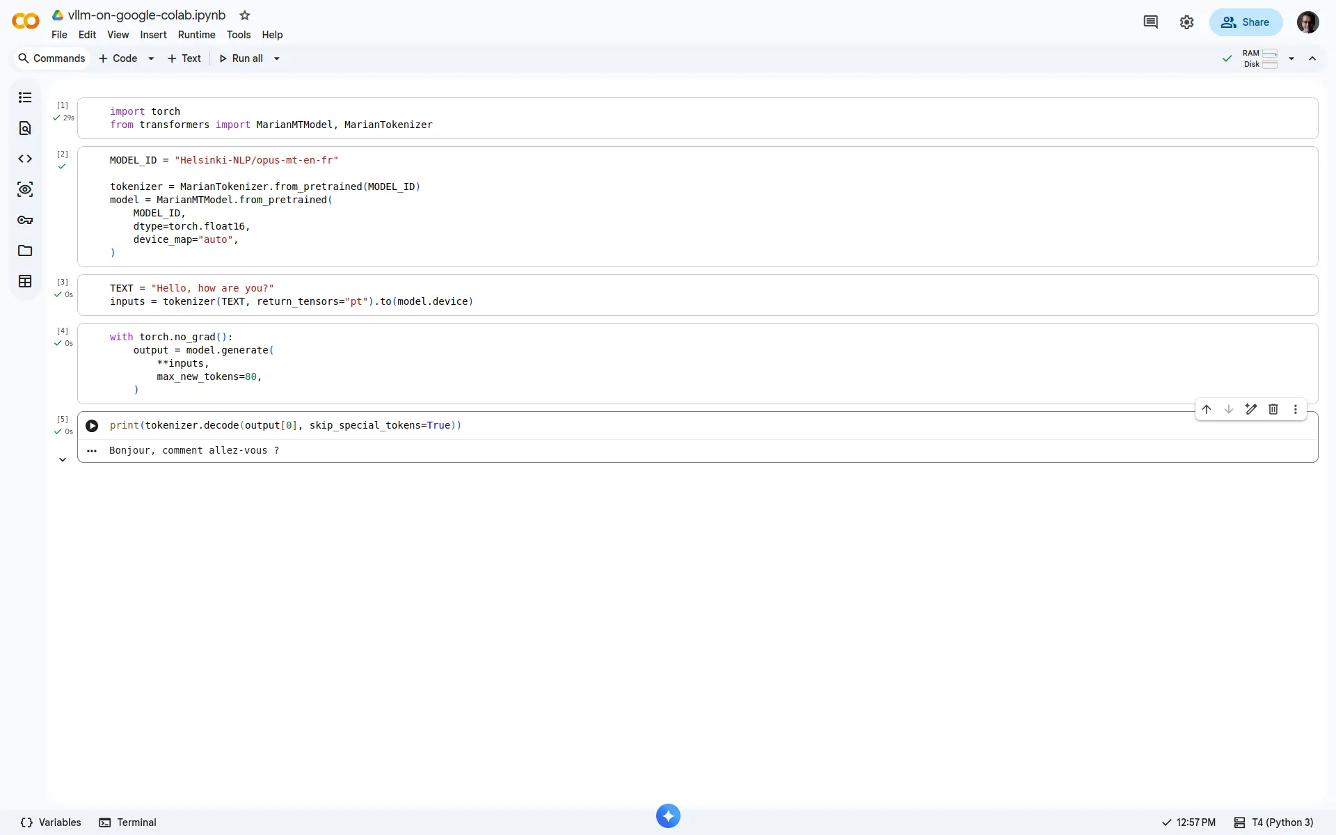 Translate English to French using an LLM from a notebook in Google Colab.