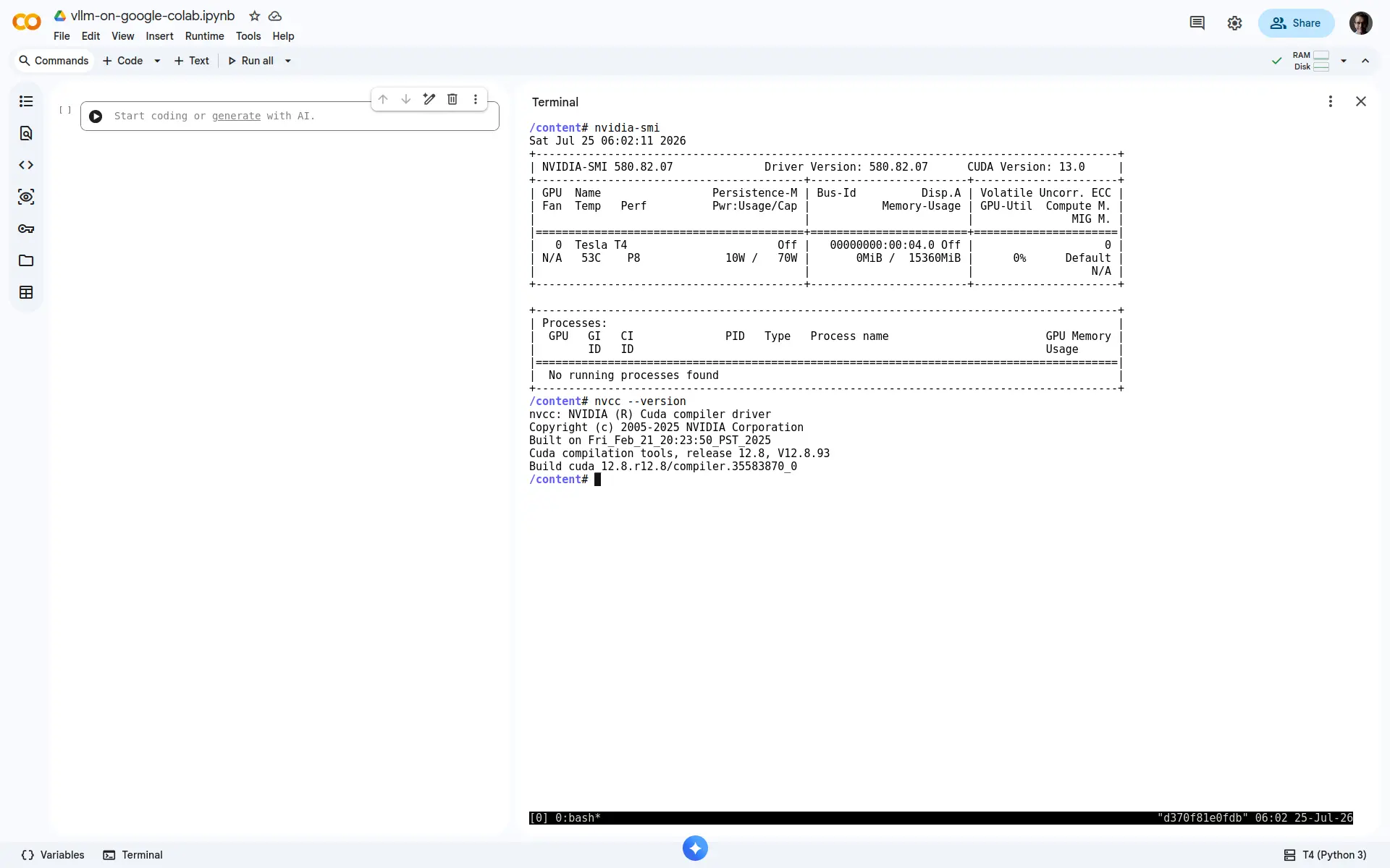 Check the NVIDIA driver and runtime in Google Colab.