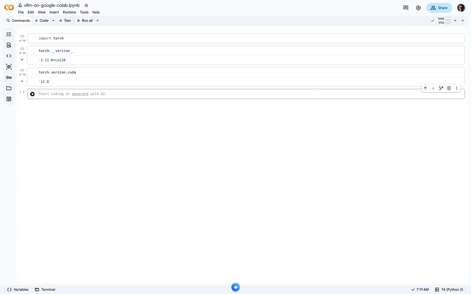 Check version of PyTorch and confirm linked to CUDA runtime in Google Colab.