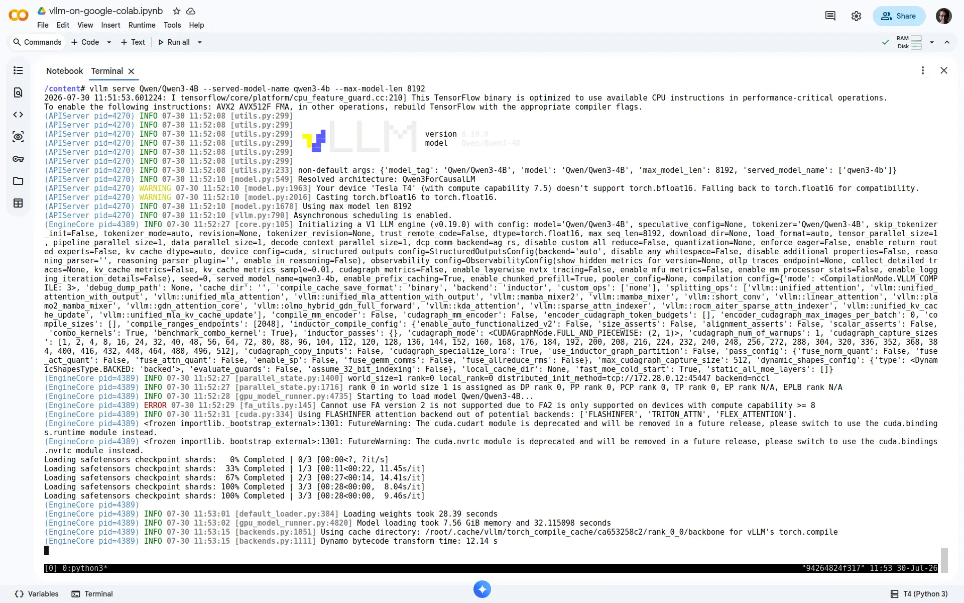 Running vLLM in a Google Colab terminal.