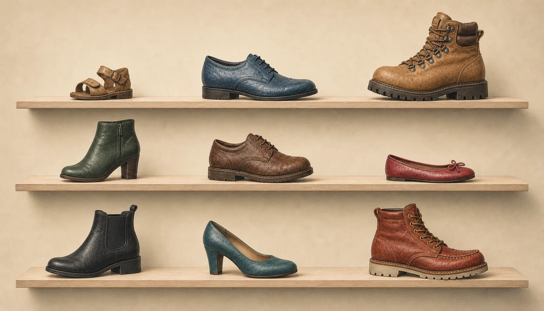 Three shelves display a varied mix of leather shoes and boots in different sizes, colours and styles against a pale textured wall.
