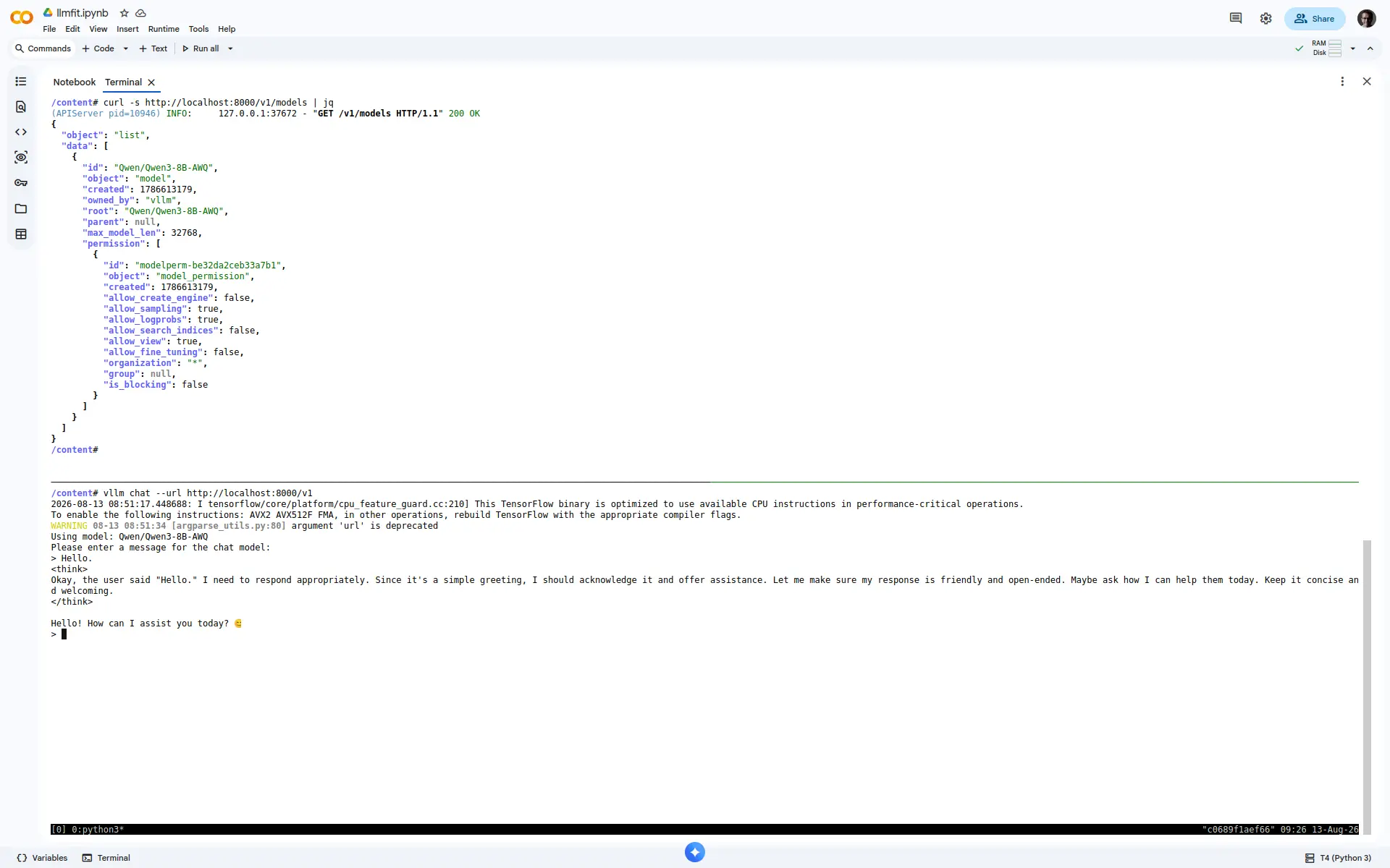 Serving Qwen/Qwen3-8B-AWQ on Colab: API query to confirm model (top) and simple chat (bottom).