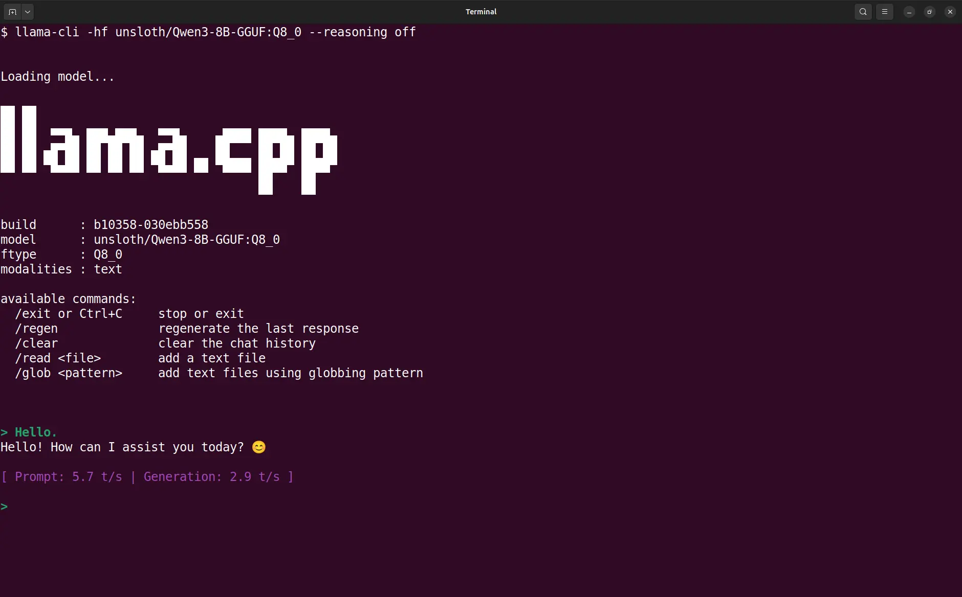 Chatting with unsloth/Qwen3-8B-GGUF:Q8_0.