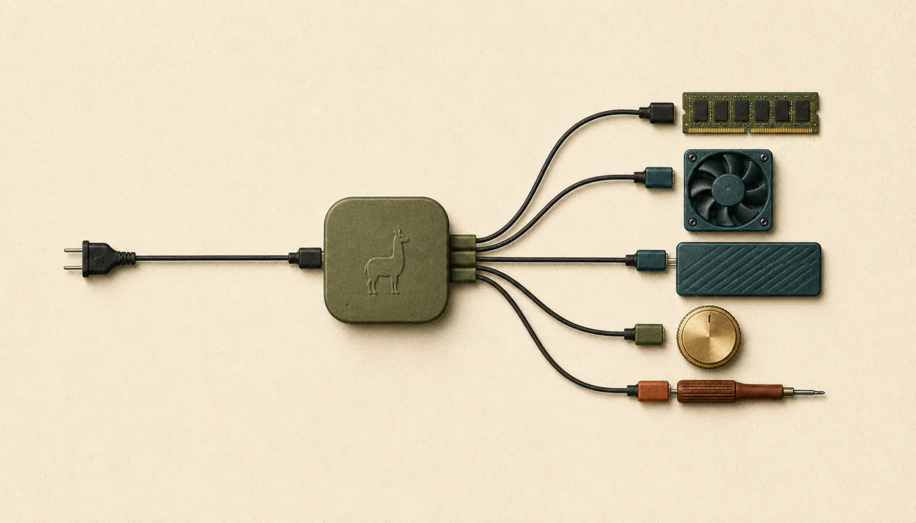 An olive-green local AI unit embossed with a llama, connected by cables to a memory module, fan, drive, tuning dial and screwdriver.