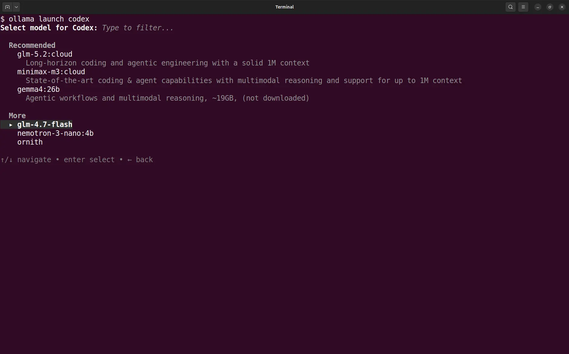 Choosing which model to use when launching Codex via Ollama.