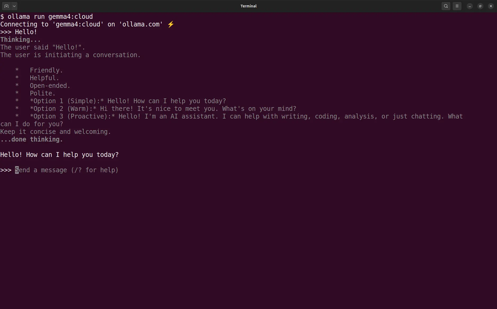 Chatting with gemma4 on Ollama Cloud using the Chat REPL.