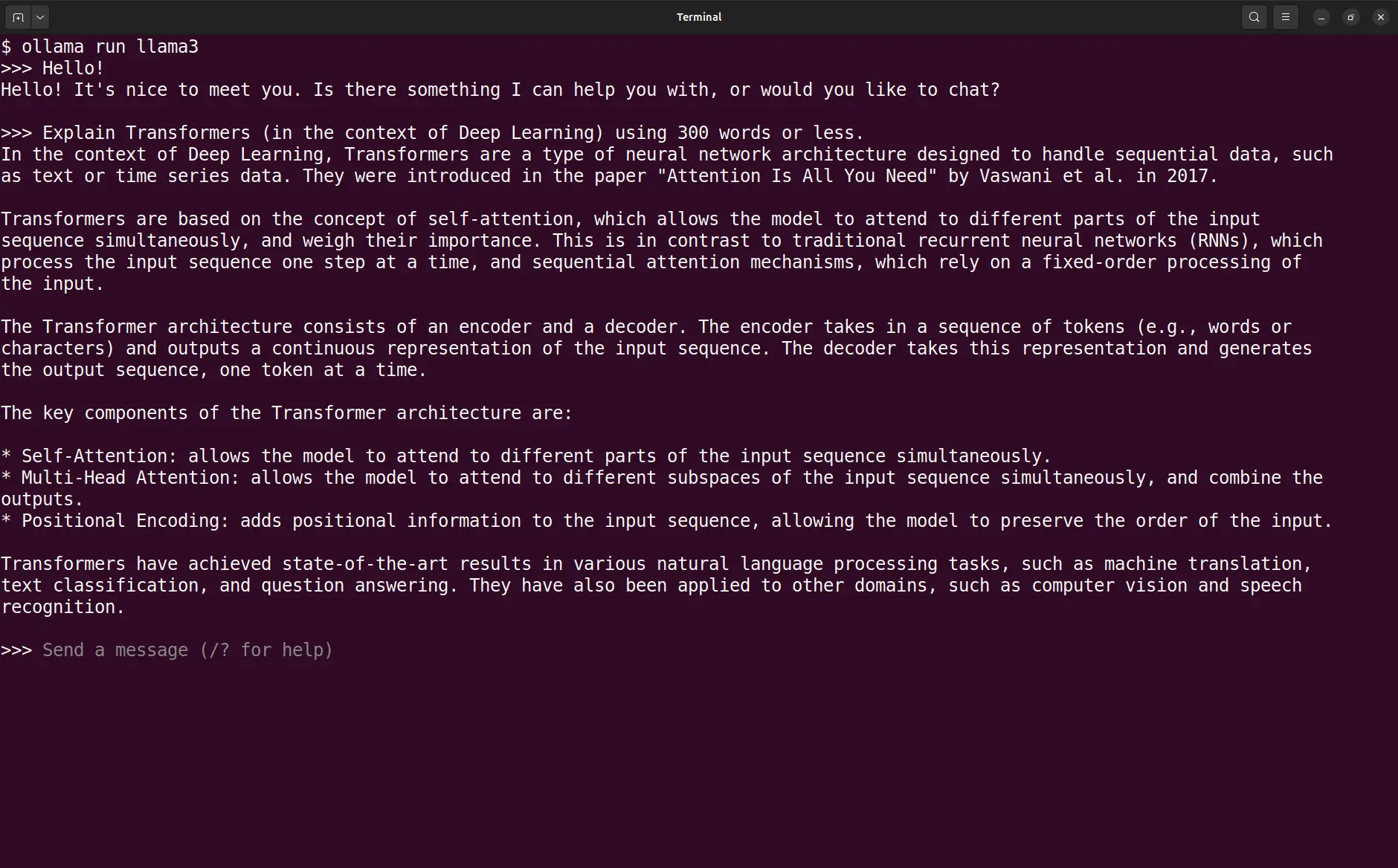 Chatting with llama3 via the Ollama Chat REPL.