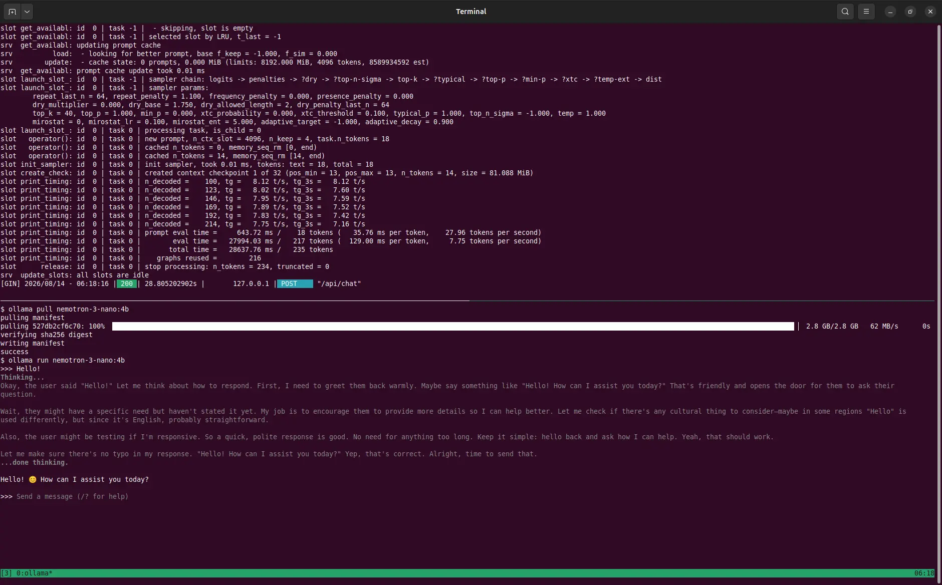 A tmux session with ollama serve in the top panel and ollama pull and ollama run in the bottom panel.