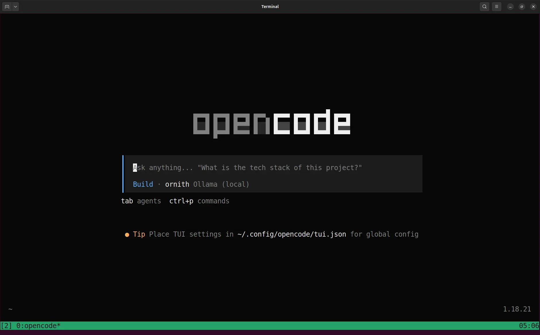 Running OpenCode with a local model from Ornith served by Ollama.