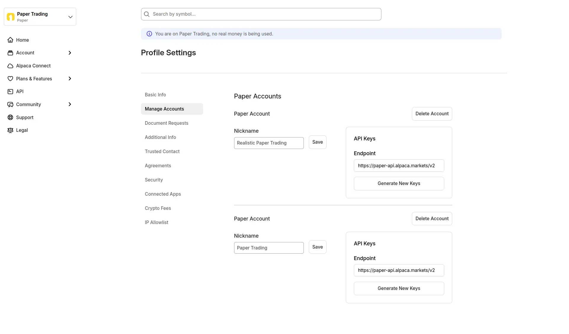 Account management page with options to rename, regenerate keys and delete accounts.