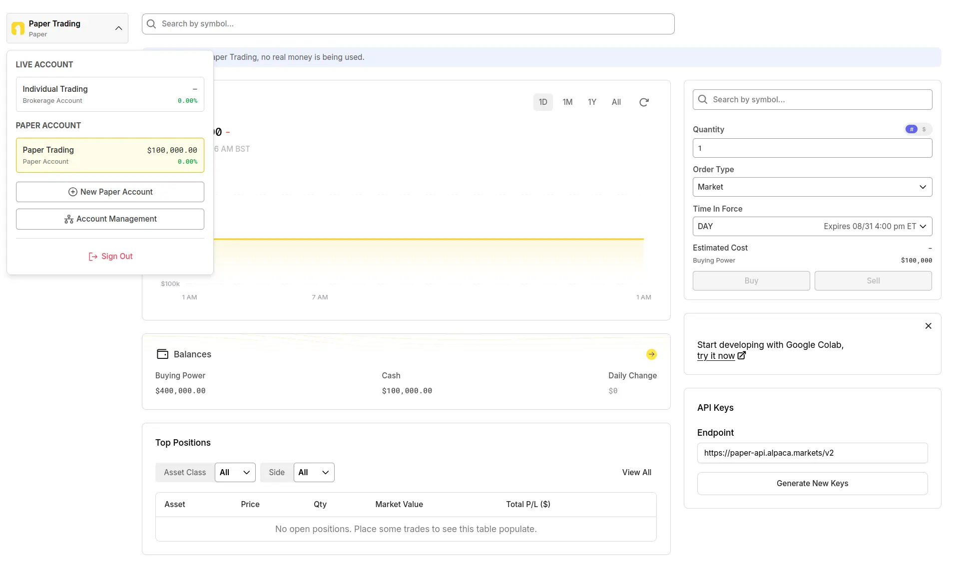 Account selector showing live and paper account, with options to create a new paper account and manage accounts.