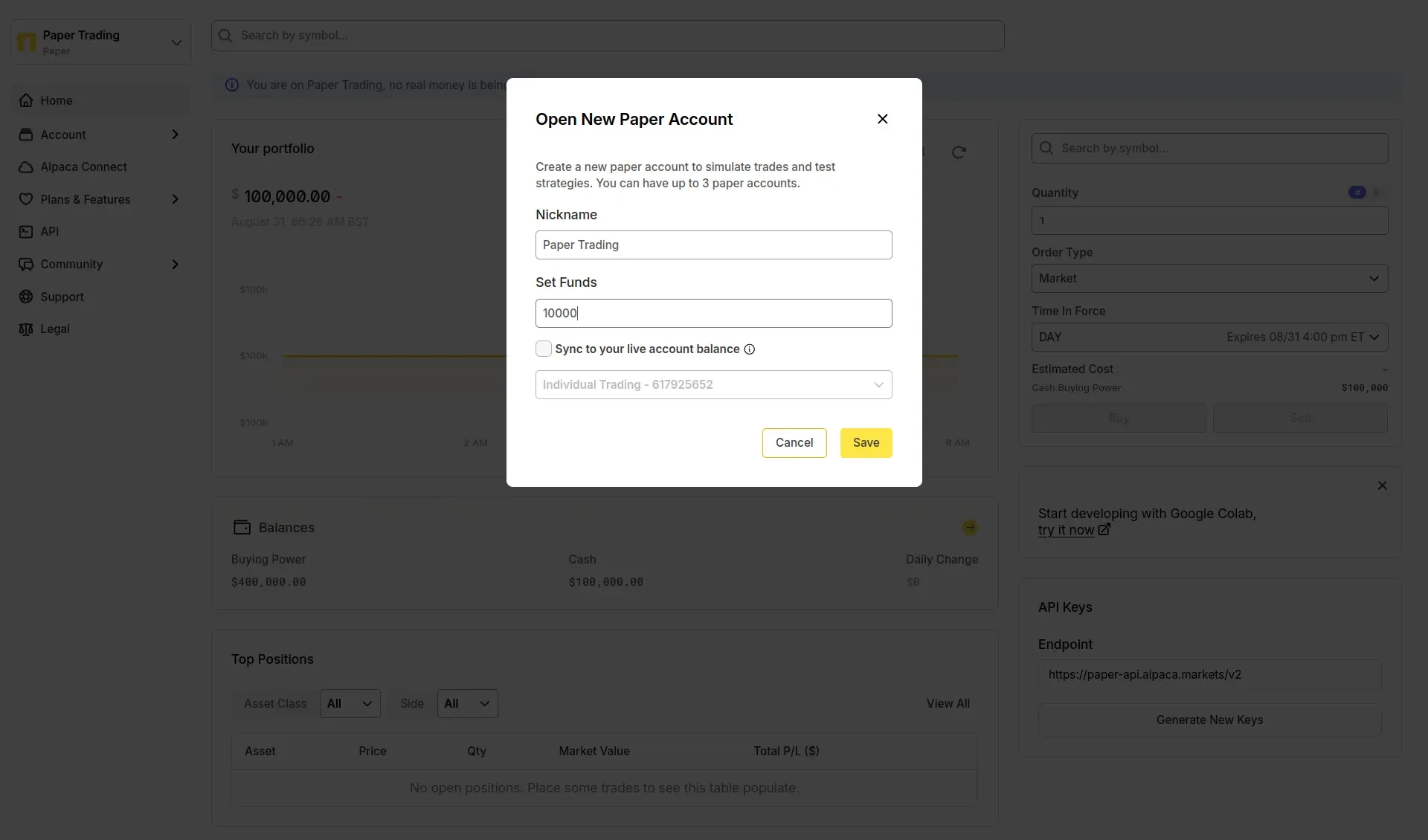 Dialog for creating a new paper trading account. Assign an account name and initial capital.